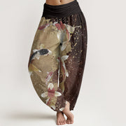 Buddha Stones Pure Cotton Casual Koi Fish Gold Ink Background Pattern Women's Elastic Waist Harem Pants
