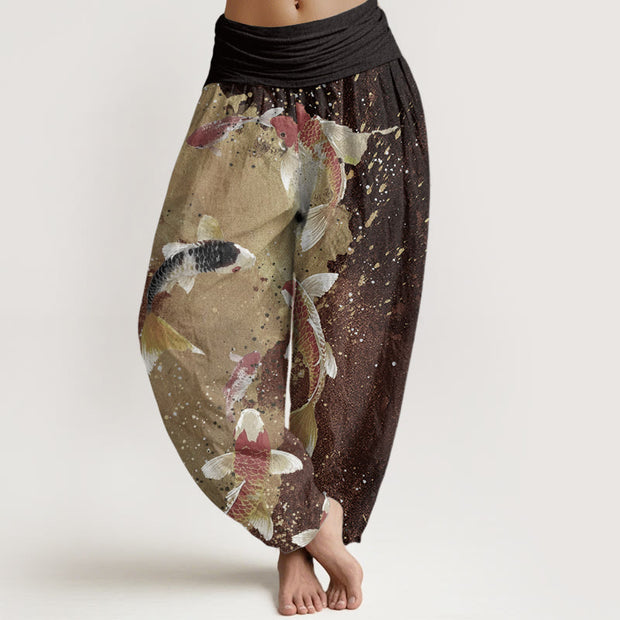 Buddha Stones Pure Cotton Casual Koi Fish Gold Ink Background Pattern Women's Elastic Waist Harem Pants