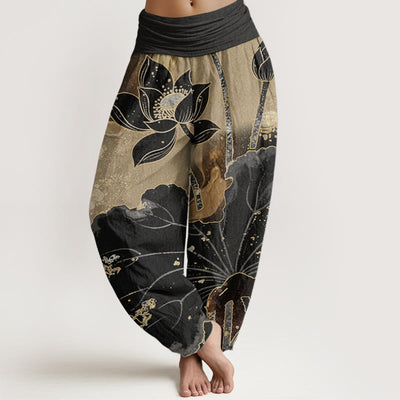 Buddha Stones Pure Cotton Casual Lotus Petal Pattern Women's Elastic Waist Harem Pants
