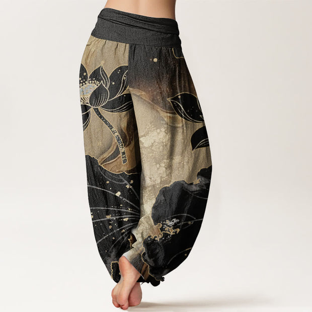 Buddha Stones Pure Cotton Casual Lotus Petal Pattern Women's Elastic Waist Harem Pants