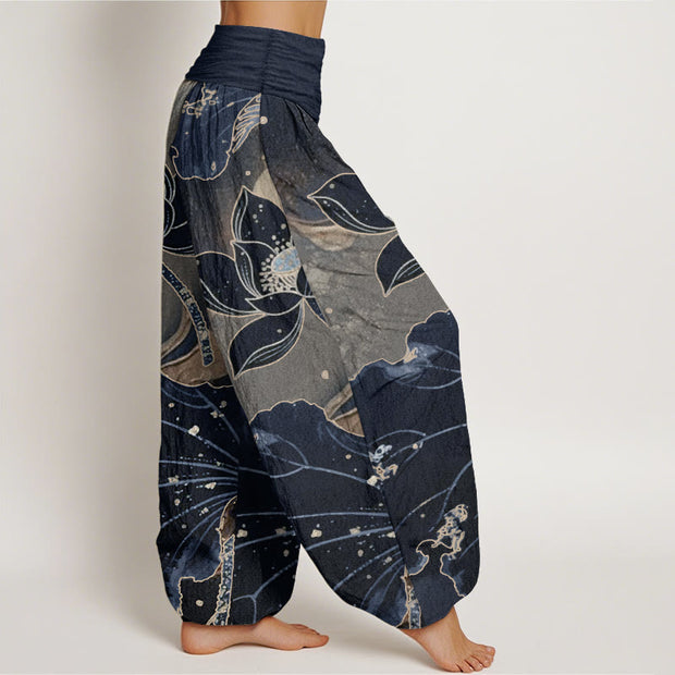 Buddha Stones Pure Cotton Casual Lotus Petal Pattern Women's Elastic Waist Harem Pants