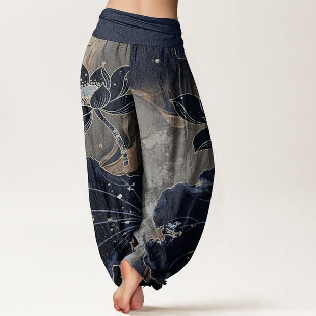 Buddha Stones Pure Cotton Casual Lotus Petal Pattern Women's Elastic Waist Harem Pants