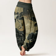 Buddha Stones Pure Cotton Casual Lotus Petal Pattern Women's Elastic Waist Harem Pants