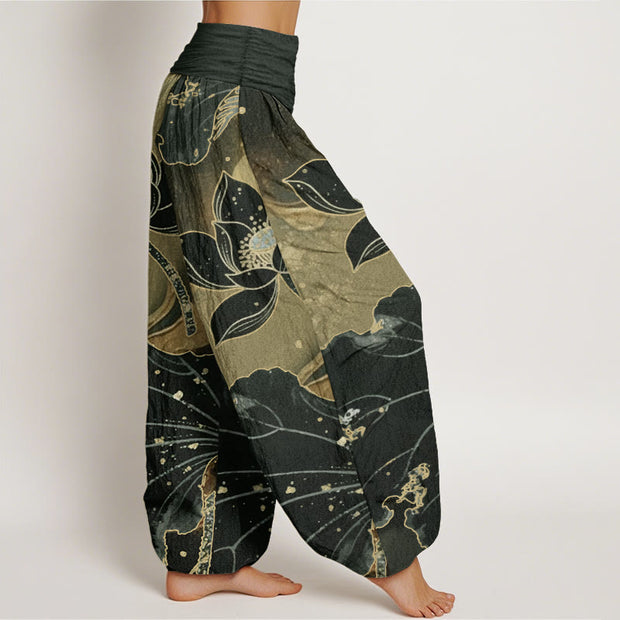 Buddha Stones Pure Cotton Casual Lotus Petal Pattern Women's Elastic Waist Harem Pants