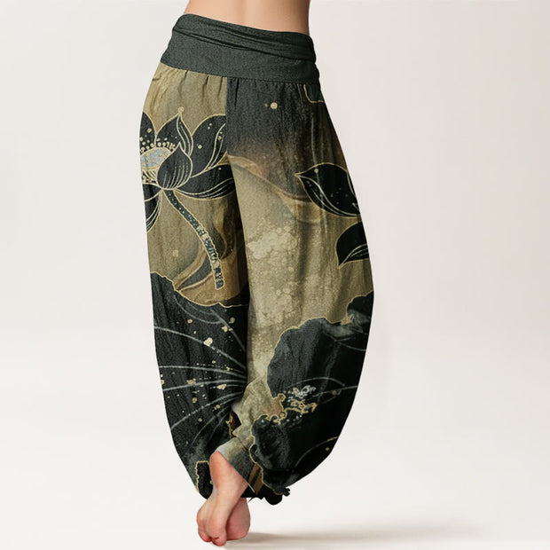 Buddha Stones Pure Cotton Casual Lotus Petal Pattern Women's Elastic Waist Harem Pants
