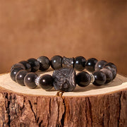 Buddha Stones Natural Silver Sheen Obsidian Lion Dance Protection Bracelet