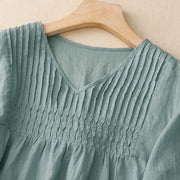 Buddha Stones Casual Plain Loose Women's V-Neck Design Half Sleeve Cotton Shirt - image 20
