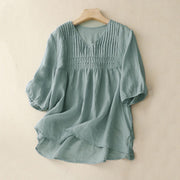 Buddha Stones Casual Plain Loose Women's V-Neck Design Half Sleeve Cotton Shirt - PaleTurquoise - US8-10，UK/AU12-14，EU40-42 (2XL) - image 19
