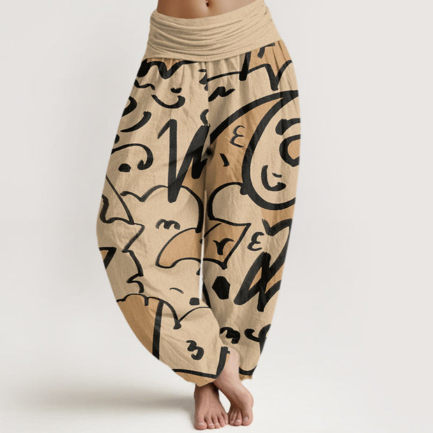 Buddha Stones Casual Playful Doodl Line Pattern Women's Elastic Waist Harem Pants