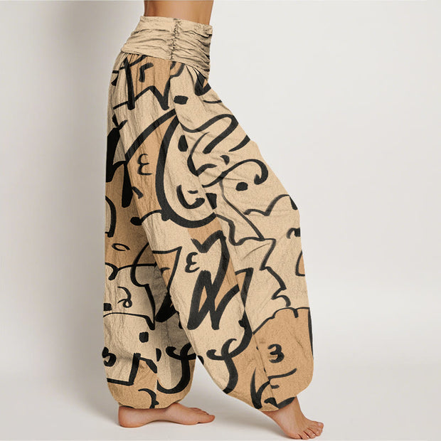 Buddha Stones Casual Playful Doodl Line Pattern Women's Elastic Waist Harem Pants