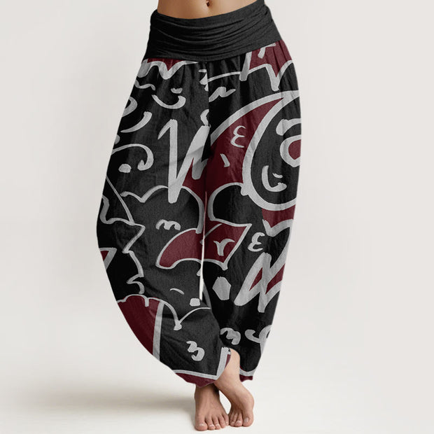 Buddha Stones Casual Playful Doodl Line Pattern Women's Elastic Waist Harem Pants