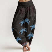 Buddha Stones Casual Floral Scroll Tropical Palm Pattern Women's Elastic Waist Harem Pants