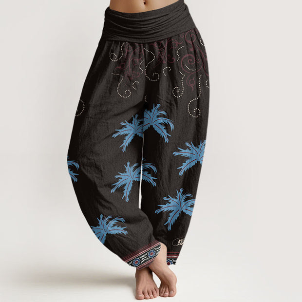 Buddha Stones Casual Floral Scroll Tropical Palm Pattern Women's Elastic Waist Harem Pants