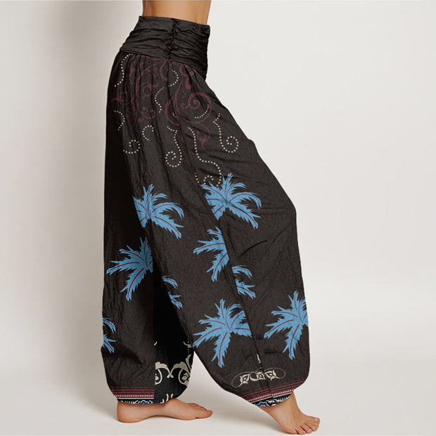 Buddha Stones Casual Floral Scroll Tropical Palm Pattern Women's Elastic Waist Harem Pants