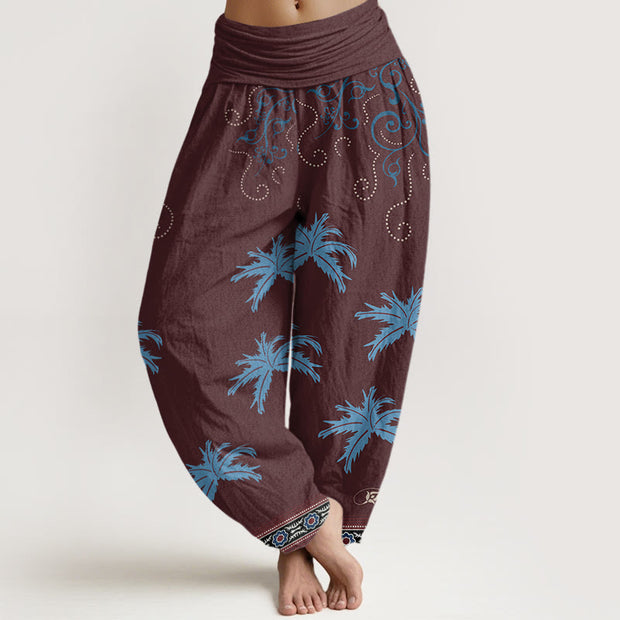 Buddha Stones Casual Floral Scroll Tropical Palm Pattern Women's Elastic Waist Harem Pants