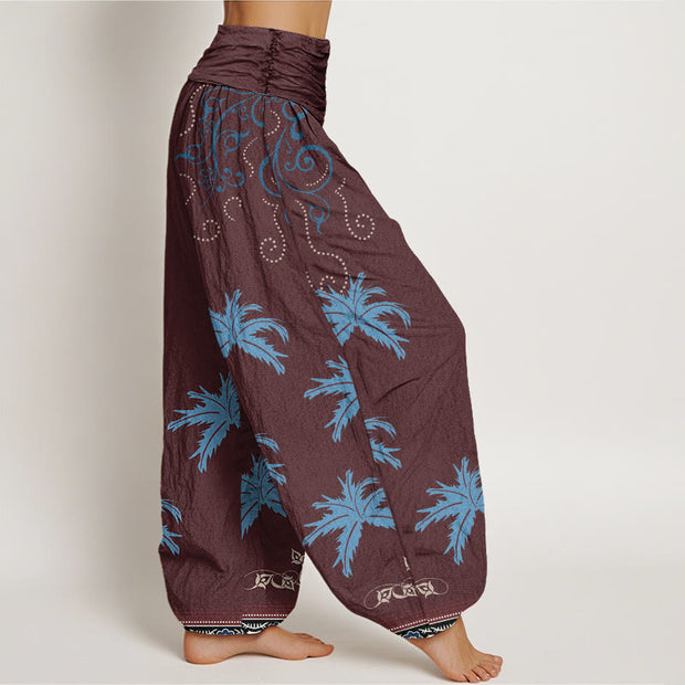 Buddha Stones Casual Floral Scroll Tropical Palm Pattern Women's Elastic Waist Harem Pants