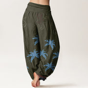 Buddha Stones Casual Floral Scroll Tropical Palm Pattern Women's Elastic Waist Harem Pants
