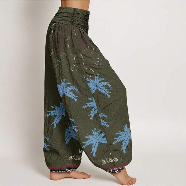 Buddha Stones Casual Floral Scroll Tropical Palm Pattern Women's Elastic Waist Harem Pants