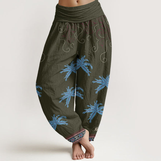 Buddha Stones Casual Floral Scroll Tropical Palm Pattern Women's Elastic Waist Harem Pants
