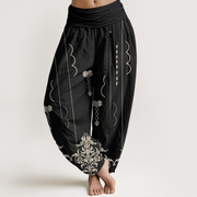 Buddha Stones Casual Baroque-Style Floral Palm Pattern Women's Elastic Waist Harem Pants