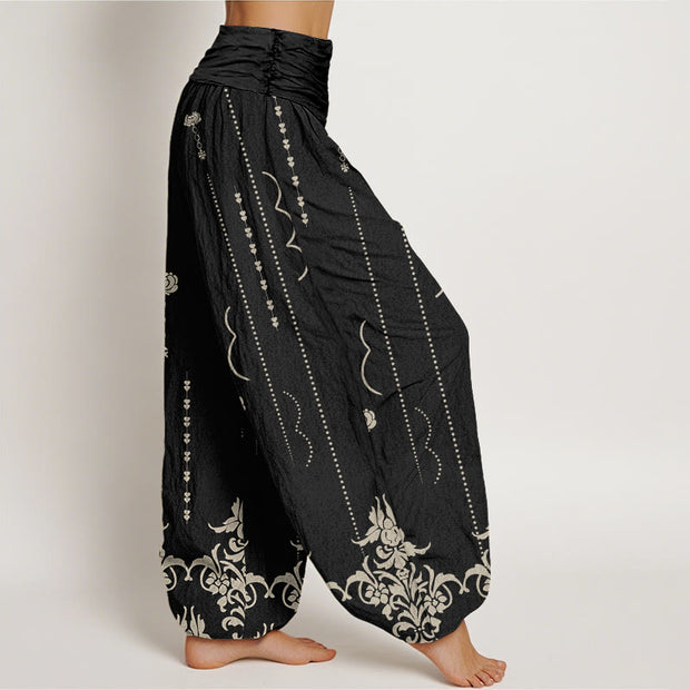 Buddha Stones Casual Baroque-Style Floral Palm Pattern Women's Elastic Waist Harem Pants