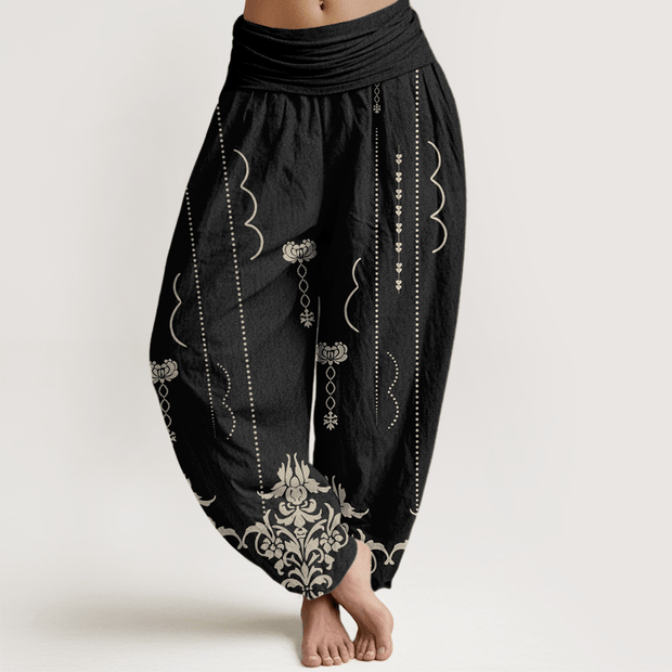 Buddha Stones Casual Baroque-Style Floral Palm Pattern Women's Elastic Waist Harem Pants