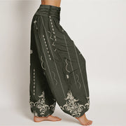 Buddha Stones Casual Baroque-Style Floral Palm Pattern Women's Elastic Waist Harem Pants