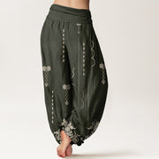 Buddha Stones Casual Baroque-Style Floral Palm Pattern Women's Elastic Waist Harem Pants
