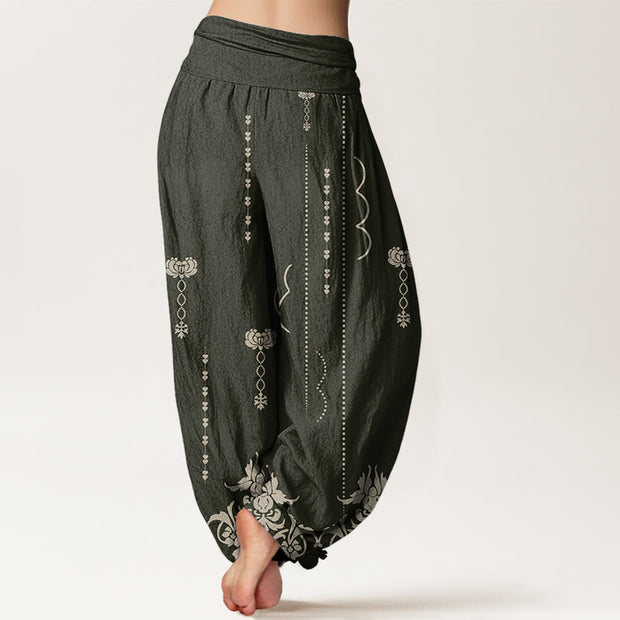 Buddha Stones Casual Baroque-Style Floral Palm Pattern Women's Elastic Waist Harem Pants
