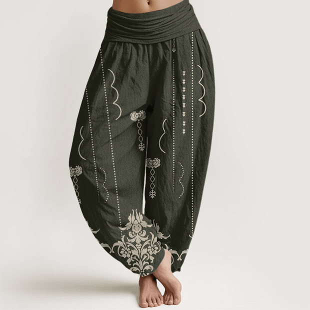 Buddha Stones Casual Baroque-Style Floral Palm Pattern Women's Elastic Waist Harem Pants