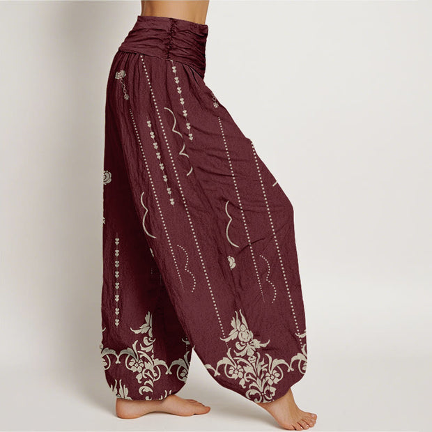 Buddha Stones Casual Baroque-Style Floral Palm Pattern Women's Elastic Waist Harem Pants