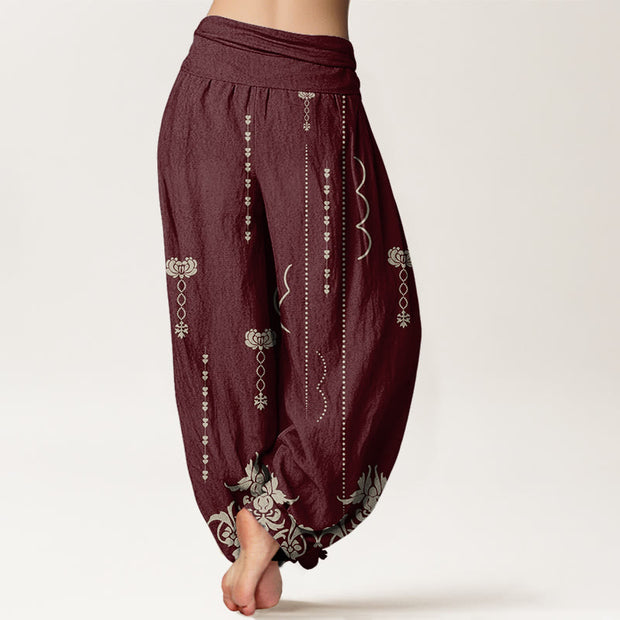 Buddha Stones Casual Baroque-Style Floral Palm Pattern Women's Elastic Waist Harem Pants
