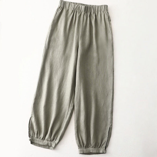Buddha Stones Vintage Commute Side Slit Design 7-8 Length Women's Harem Cotton Linen Bloomers Pants With Pockets - DarkSeaGreen - US8-10，UK/AU12-14，EU40-42 (2XL) - image 14