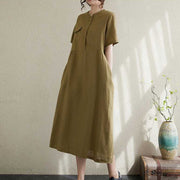 Buddha Stones Summer Plain Stand Collar Buttons Design Linen Midi Dress With Pockets - image 9