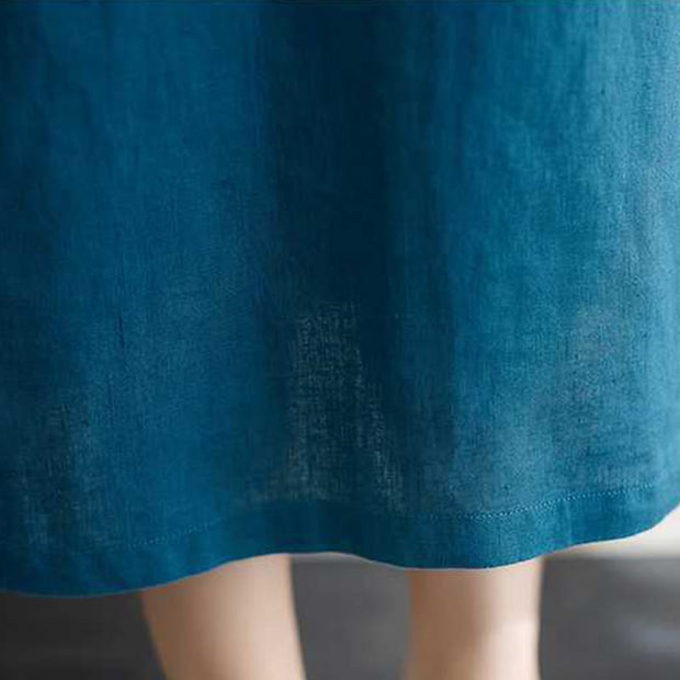 Buddha Stones Summer Plain Stand Collar Buttons Design Linen Midi Dress With Pockets - image 25
