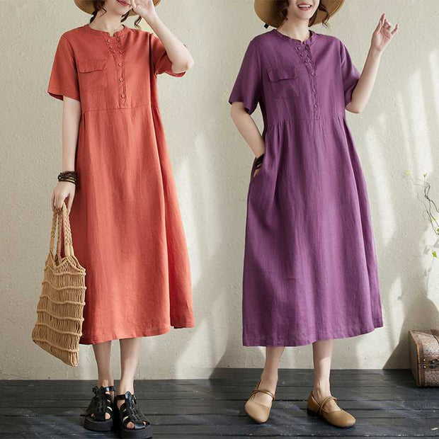 Buddha Stones Summer Plain Stand Collar Buttons Design Linen Midi Dress With Pockets - image 6