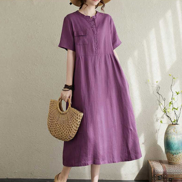Buddha Stones Summer Plain Stand Collar Buttons Design Linen Midi Dress With Pockets - DarkOrchid - US8-10，UK/AU12-14，EU40-42 (2XL) - image 1