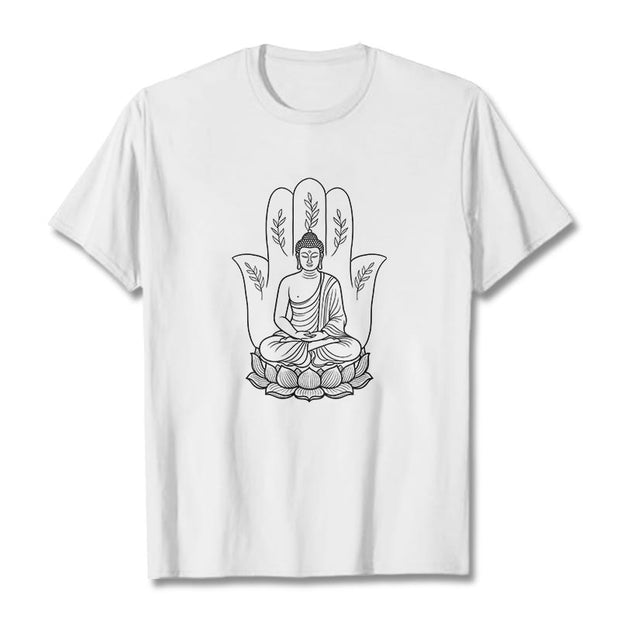 Buddha Stones Meditating Buddha Seated Hand Leaves Lotus Base Tee T-shirt - White - 2XL - image 1