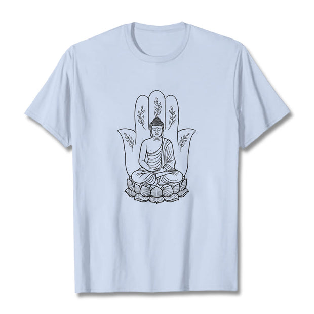 Buddha Stones Meditating Buddha Seated Hand Leaves Lotus Base Tee T-shirt - LightCyan - 2XL - image 19