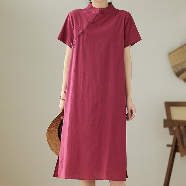 Buddha Stones Casual Solid Color Chinese Frog-Button Design Stand Collar Cotton Linen Cheongsam Midi Dress - image 16