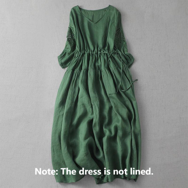 Buddha Stones Plain Ethnic Embroidery Patchwork Long Puff Sleeve Hollow Design Drawstring Cotton Linen Midi Dress With Pockets - image 2