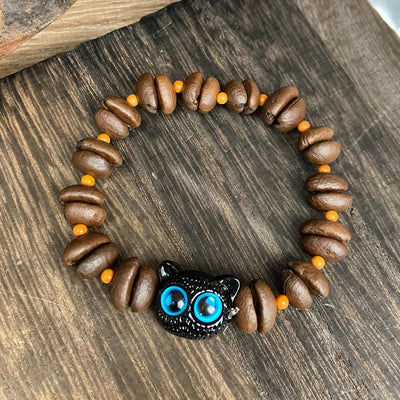 Buddha Stones Natural Cute Cat Coffee Beans Bracelet - Blue Cat Eyes(Wrist Circumference: 17.5cm) - image 1