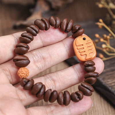 Buddha Stones Handmade Fishbone Real Coffee Beans Wenge Wood Bracelet - Coffee Bean(Wrist Circumference: 17.5cm) - image 1