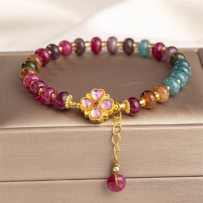Buddha Stones Tourmaline Four Leaf Clover Flower Love Bracelet - Tourmaline(Wrist Circumference 14-16cm) - image 1