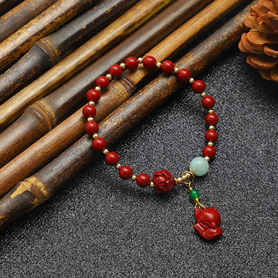Buddha Stones Cinnabar Lotus Cute Fox Charm Blessing Bracelet - Cinnabar(Wrist Circumference 14-17cm) - image 1