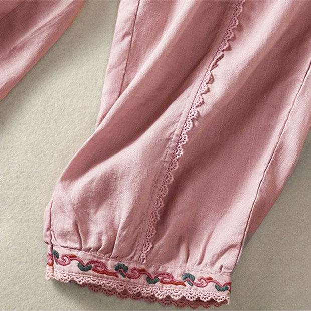 Buddha Stones Casual Plain Lace Side Design 7-8 Length Cotton Linen Women's Harem Pants With Pockets - image 15