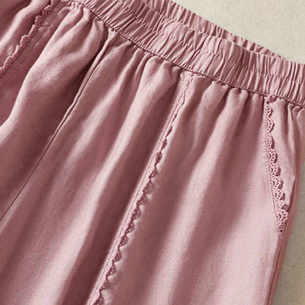 Buddha Stones Casual Plain Lace Side Design 7-8 Length Cotton Linen Women's Harem Pants With Pockets - image 12