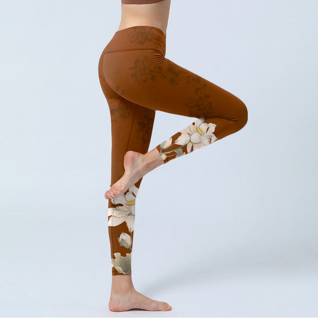 Buddha Stones Brown White Lotus Flower Print Gym Leggings Women's Yoga Pants - image 4