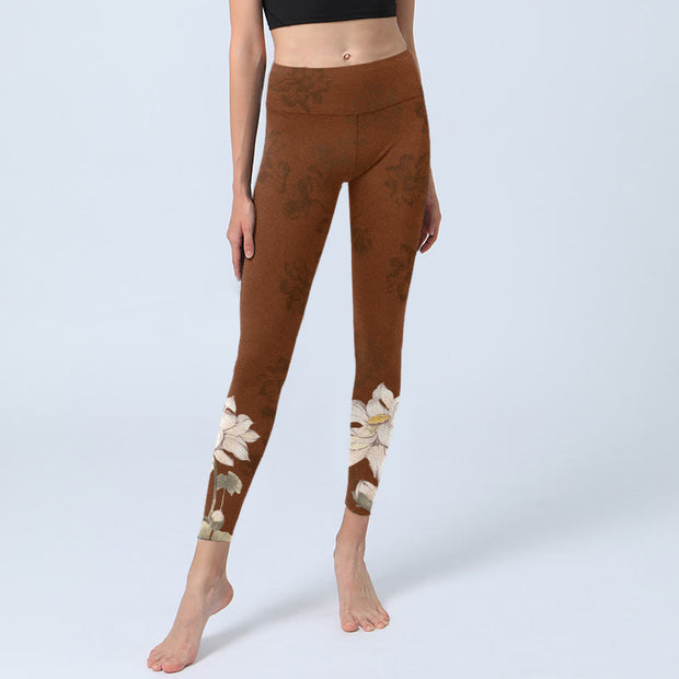Buddha Stones Brown White Lotus Flower Print Gym Leggings Women's Yoga Pants - image 6