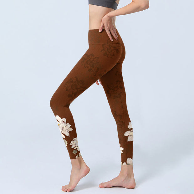 Buddha Stones Brown White Lotus Flower Print Gym Leggings Women's Yoga Pants - image 3